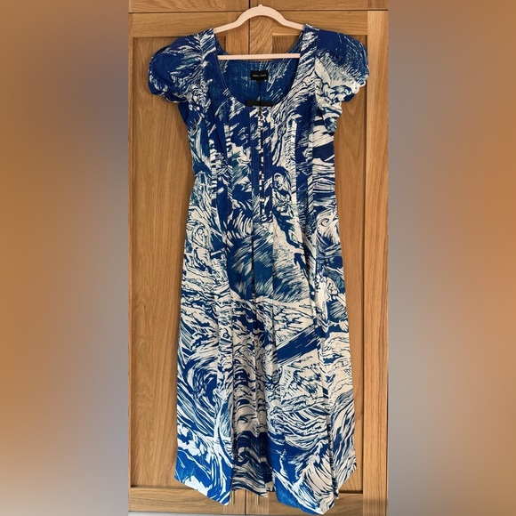 Blue and White A-Line Puff Sleeve Midi Dress - Picture 4 of 4